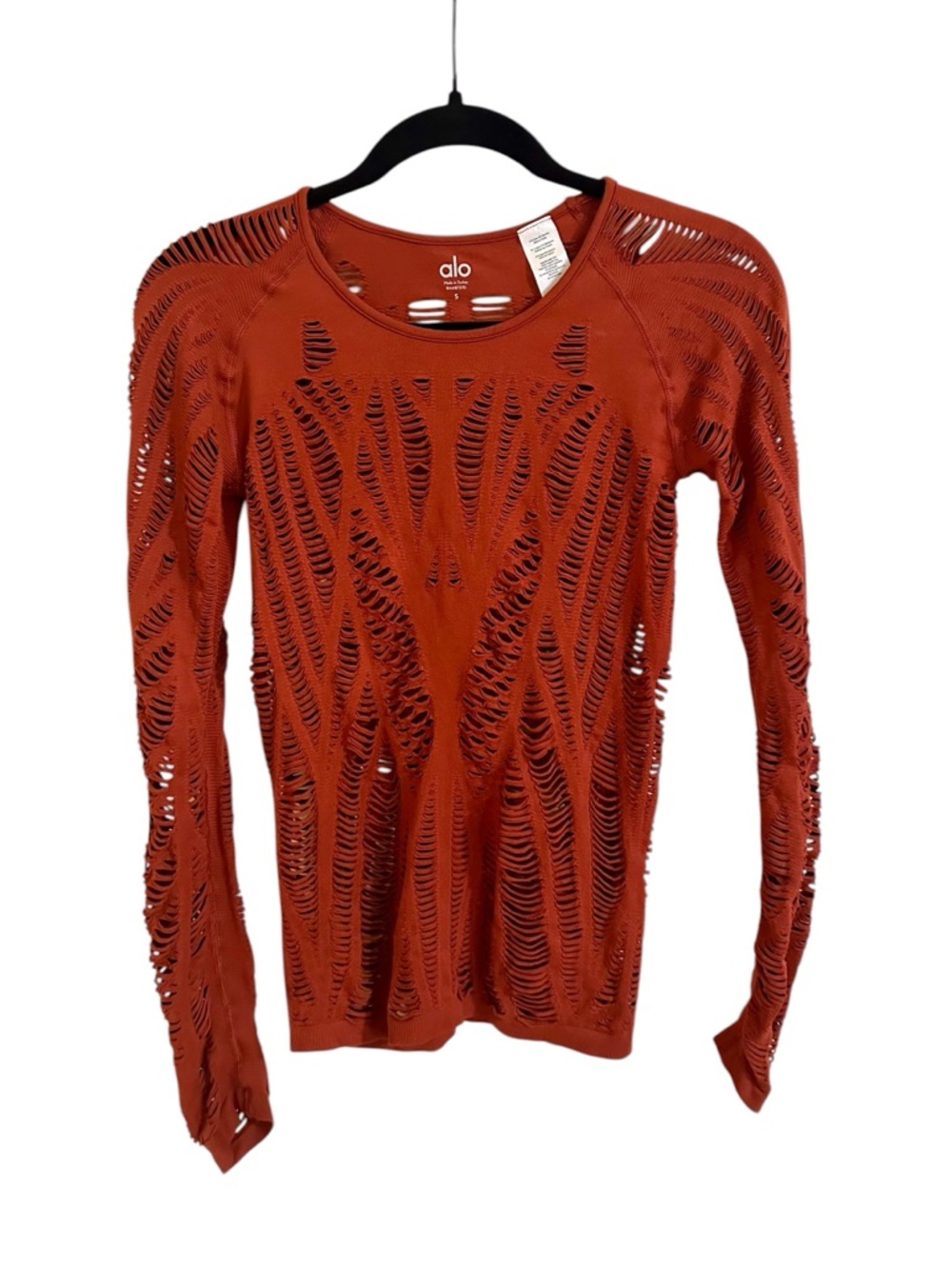 Alo Yoga Women’s Burnt Orange Long Sleeve Distressed Slashed Top Size: Small